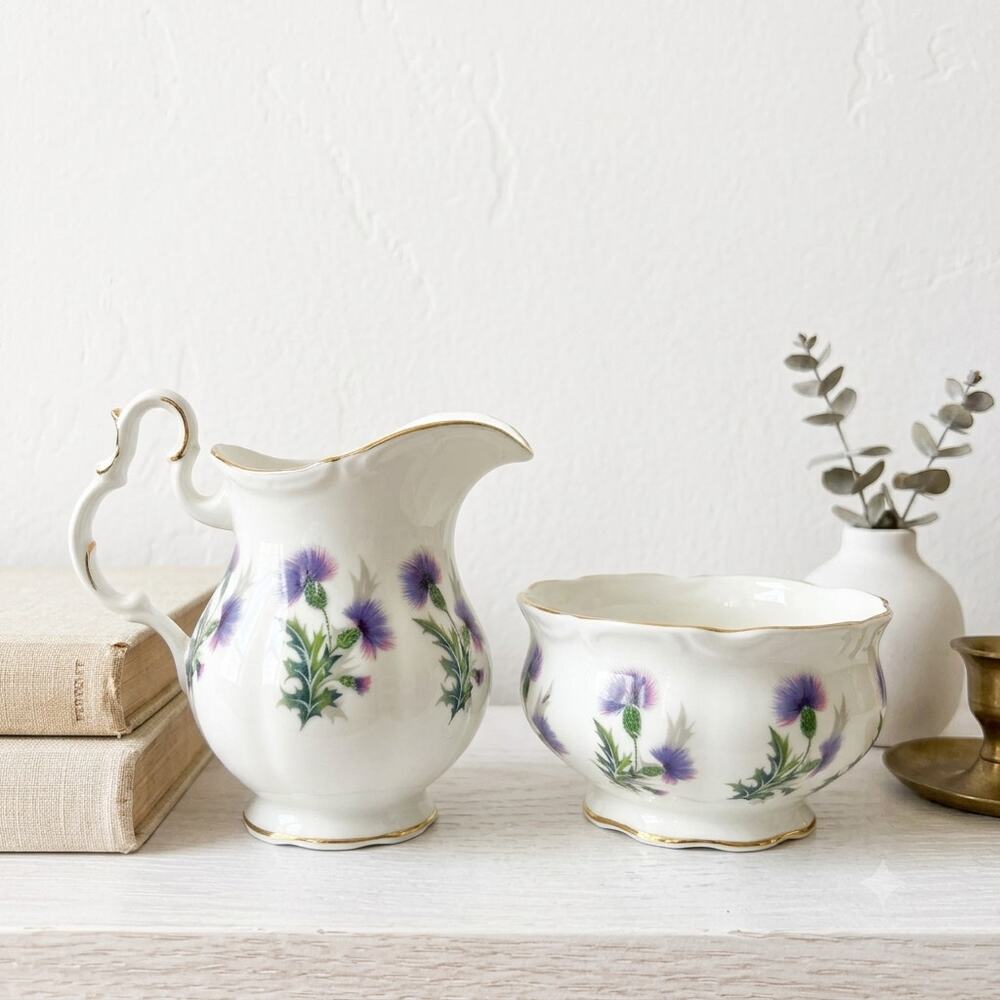 Vintage Royal Albert Brigadoon Bone China Creamer and Sugar Bowl with Gold Trim
